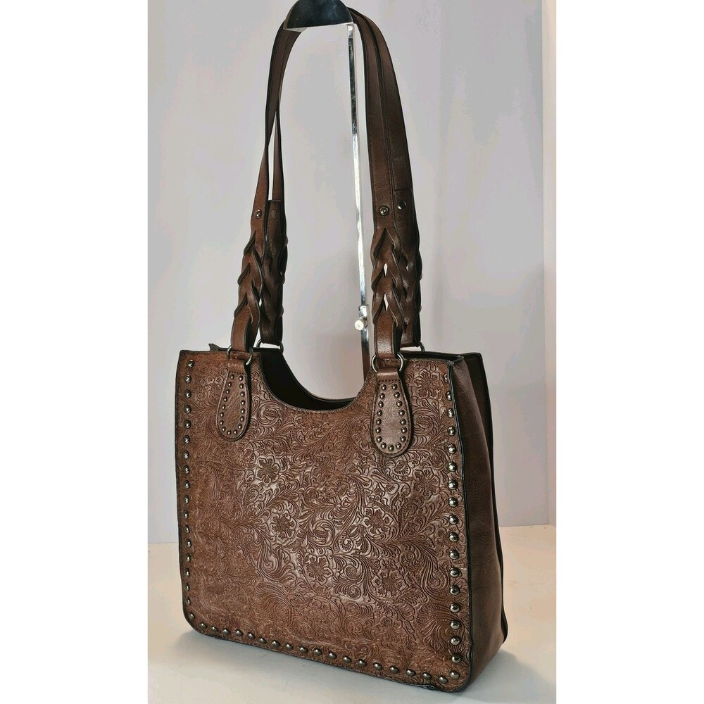 Sam & Hadley Brown Vegan Leather Western Tote Tooled Floral Studded Shopper Bag